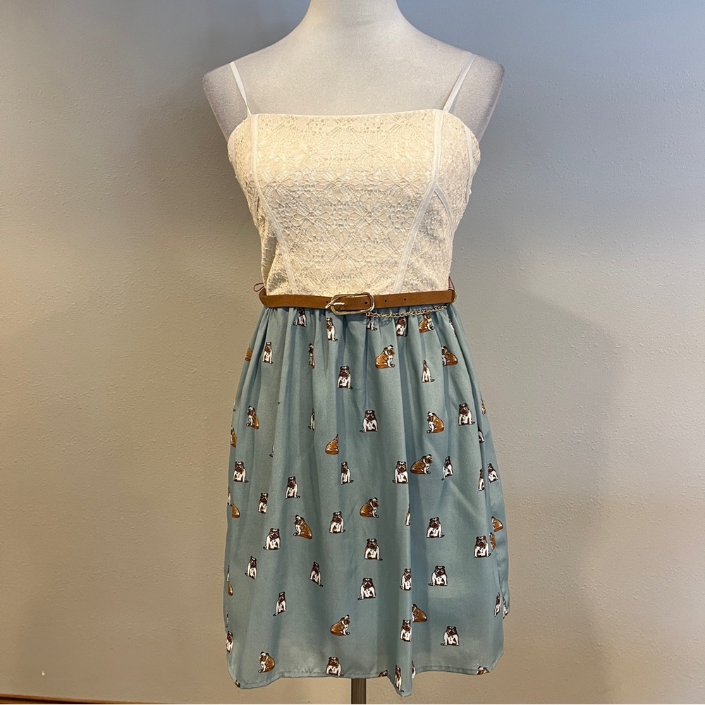White Lace Top with Blue, Dog Print Skirt Dress‎ size 9